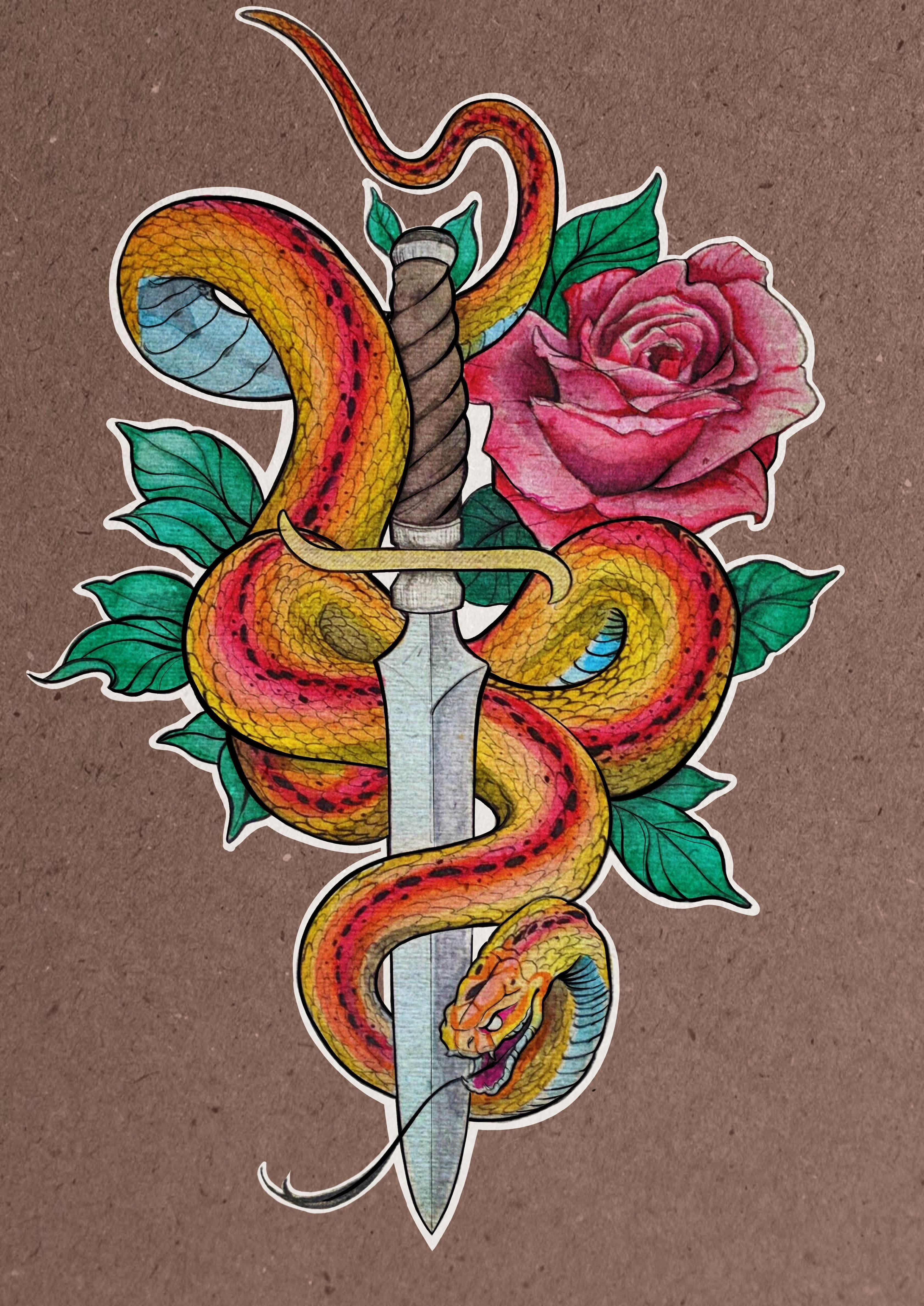 flash tattoo néo-traditional dagger snake roses lyon corbas poignard serpent